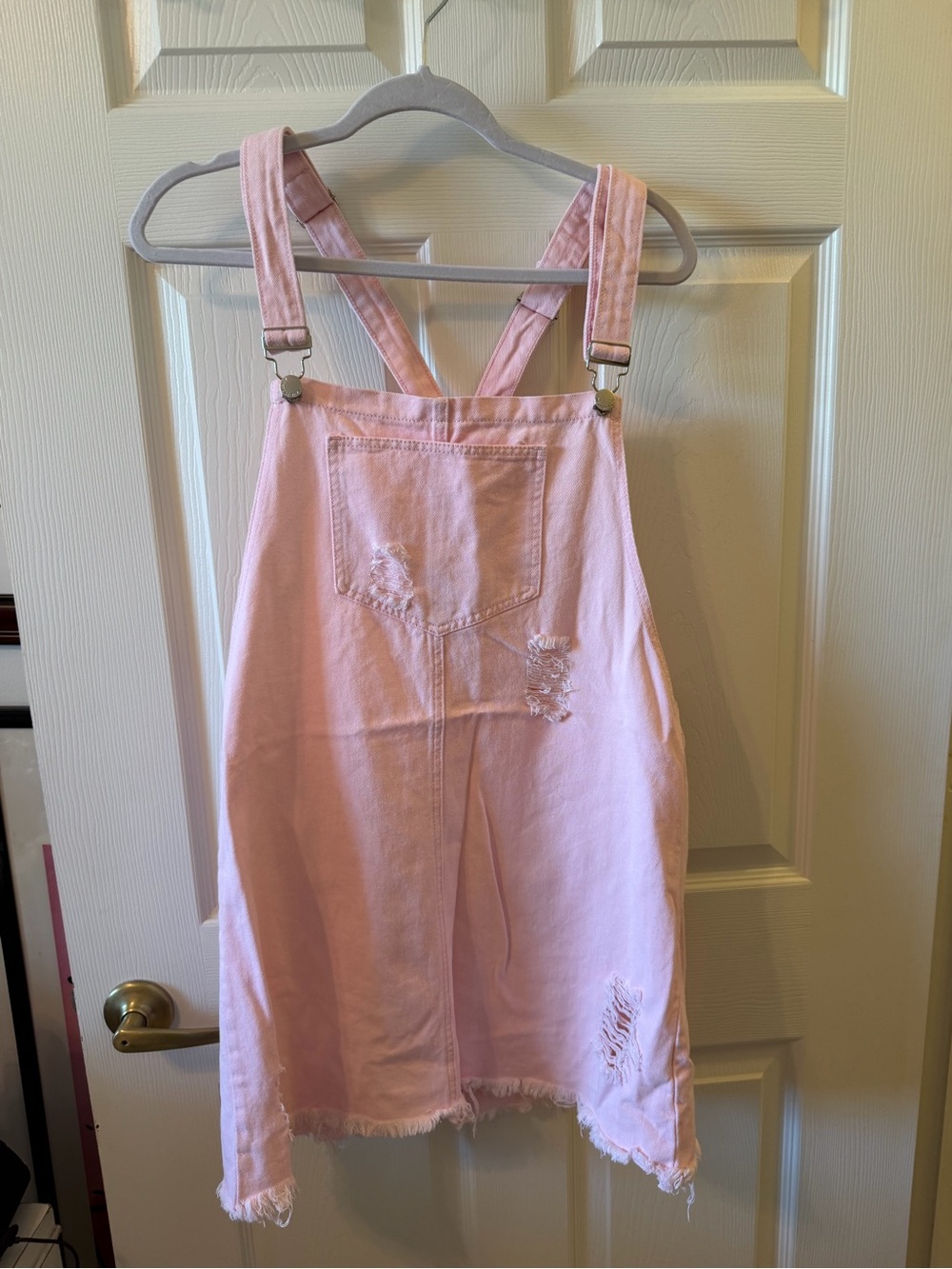 American Bazi Light Pink Distressed Denim Overalls